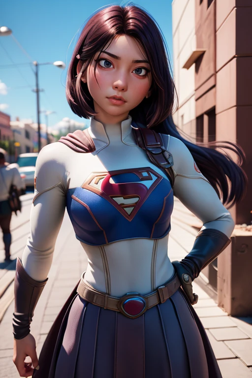 Foto de Supergirl, pelo corto, Puede, capa, sunny day outdoors, cielo de fondo, analog style (Mira al espectador:1.2) (textura de la piel), Fujifilm XT3, DSLR, 50mm  