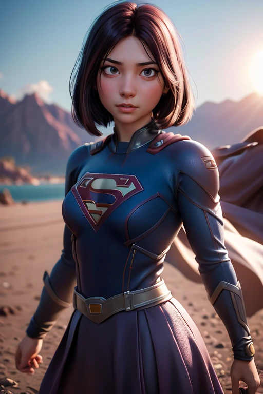 Foto de Supergirl, pelo corto, Puede, capa, sunny day outdoors, cielo de fondo, analog style (Mira al espectador:1.2) (textura de la piel), Fujifilm XT3, DSLR, 50mm