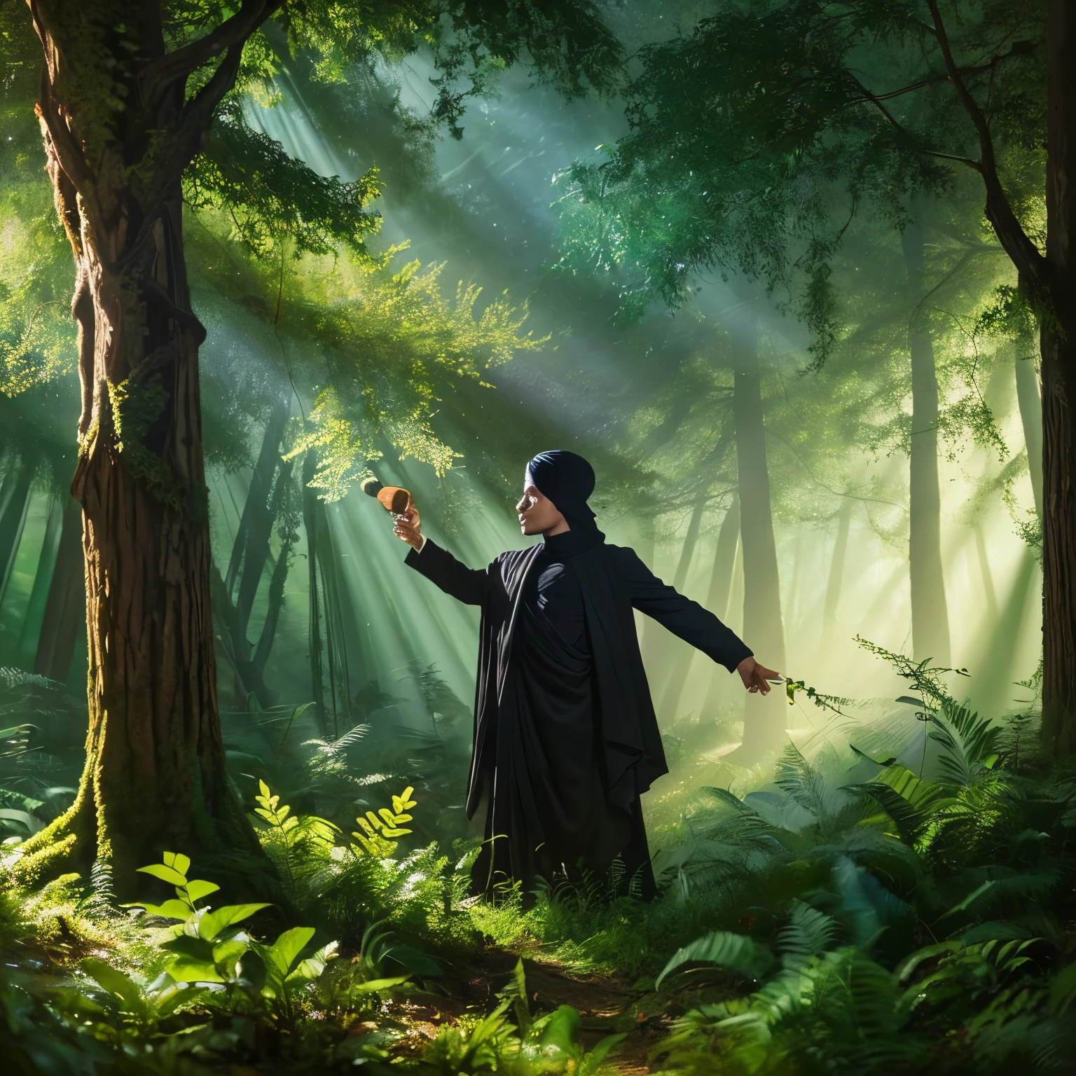 (a magician with a black turban performing spells in the middle of the forest),oil painting,enchanted atmosphere,cascading sunlight,highly detailed forest foliage,majestic trees,whispers of magic,mysterious aura,realistic depiction of the magician's face and hands,subtle color palette,soft mystical lighting