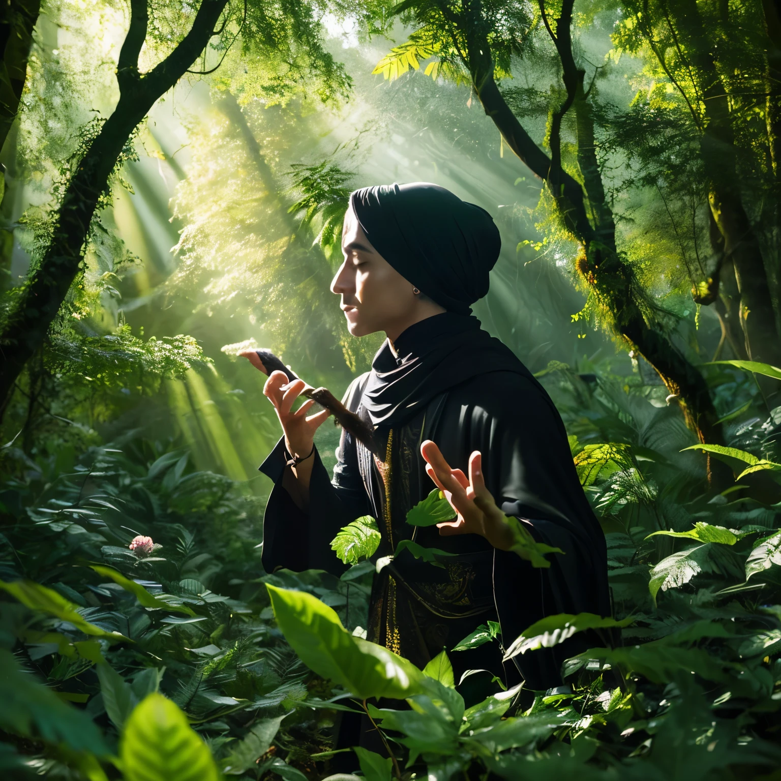 (a magician with a black turban performing spells in the middle of the forest),oil painting,enchanted atmosphere,cascading sunlight,highly detailed forest foliage,majestic trees,whispers of magic,mysterious aura,realistic depiction of the magician's face and hands,subtle color palette,soft mystical lighting