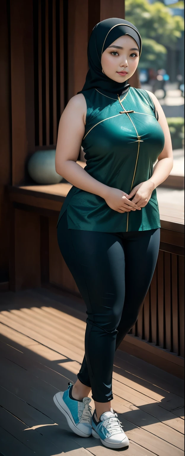 1 chinese-Indonesian girl, modern plain hijab, shy, medium portrait, watery eyes, wearing blue dark green kebaya, ((big breasts)), black bokeh background, well-proportioned body,, chubby massive thighs, full body pose, Hena art on the body, hena art on arms, full body view , wearing red sneakers 