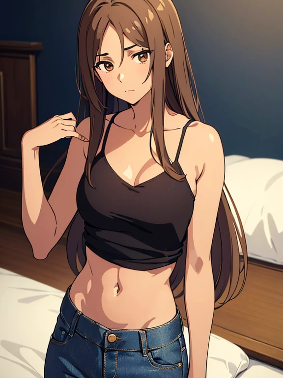 ((best quality)), ((masterpiece)), (detailed), perfect face, brown skin anime girl in a deep V backless cami top, (jeans trousers), famished in hunger, (gently resting hands on stomach), (long hair), (hands on her stomach)