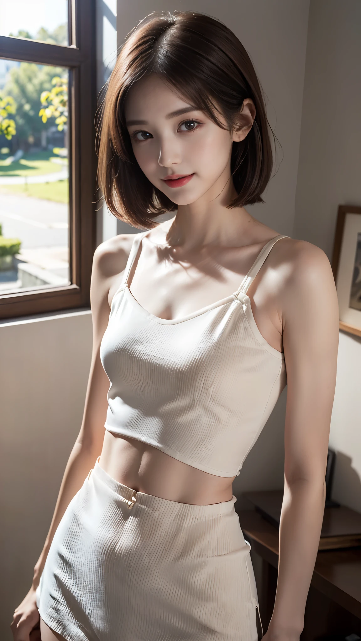 ((beautiful girl)), (Baby Face:1.4), (Small and slender figure), ((whole body:1.5)), (Slender body line), Medium Bob Cut, (Trendy high school girl fashion:1.3), (Close-fitting outfit:1.3), (Underwear is visible:1.3), (A sly smile:1.3), (Smooth clavicle:1.4), (double eyelid), (Heart-shaped pupils:1.3), (Natural Lip Gloss:1.2), (Brown hair with dazzling highlights:1.3), (Silky straight hair:1.3), (Tight waist:1.4), (Detailed eyes:1.3), (Attractive big eyes:1.3), (Smooth and fair skin:1.3), (Best Looks:1.3), (Beautiful armpit shape:1.3), (Detailed skin texture), (Parting the bangs), (Photorealistic:1.4), (Professional Lighting), (Accurate Shadows:1.2), (looking at the camera:1.2), (((Highest quality, Ultra high definition, Masterpiece))), (Perfect Anatomy), (Beautifully shaped nose:1.3)