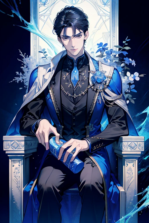 (absurdres, highres, ultra detailed), 1 male, adult, handsome, tall muscular guy, broad shoulders, finely detailed eyes, dark color hair, fantasy, complex pattern, detailed face, throne, magic effect, best ratio four finger and one thumb, ice, bitter cold, cold snap, smile, (dutch angle), closed mouth