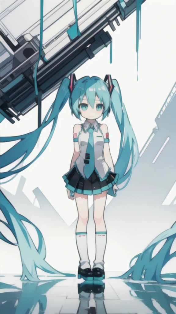 best quality, chibi, 1 girl, miku, Hatsune Miku, (full body), Pure white background,Vivid,clearly,sad face,rain