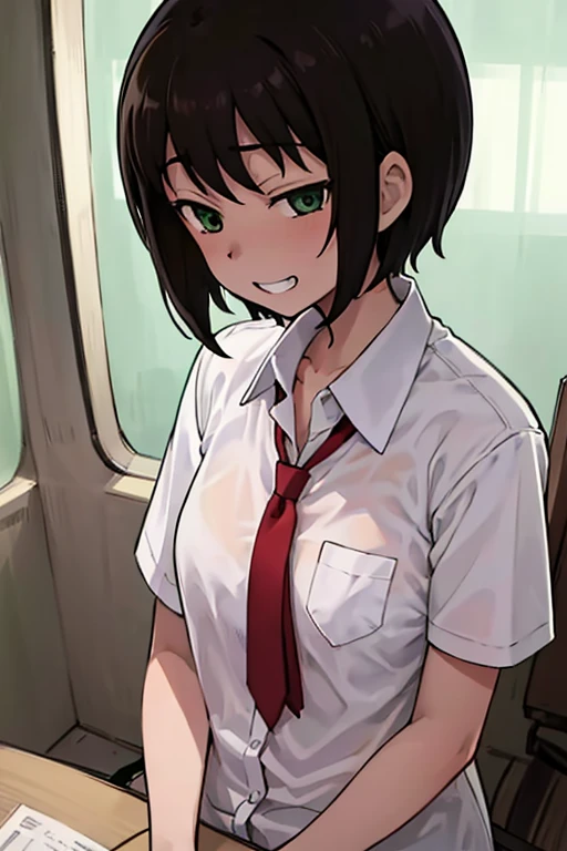 masterpiece, highest quality, highest quality, One girl, alone, View your viewers, , Tezuka Rin, (Amputee without an arm:1.2), Brown Hair, collar, collared shirt, (double amputee:1.2), Green Eyes, katawa shoujo, Red tie, shirt, short hair, alone, white shirt,  Rozhkin, Grin, Accurate teeth with gaps 