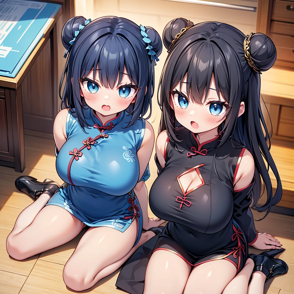 highest quality,wonderful,finely,extremely detailed CG Unity 8K wallpaper, (Stand in line:1.2), (3 girls, cute eyes, ((blue short cheongsam dress:1.2), golden pattern cheongsam), Black Hair, double bun, clothed), (sparkling eyes:1.2), (huge breasts:1.4), (wariza:1.4), (cleavage), (open mouth:1.1), (long tongue:1.1), (mouth drool:1.1), (black stockings:1.1),(Thighs:1.2),(Waistline:1.1),(Waistline), (From above)