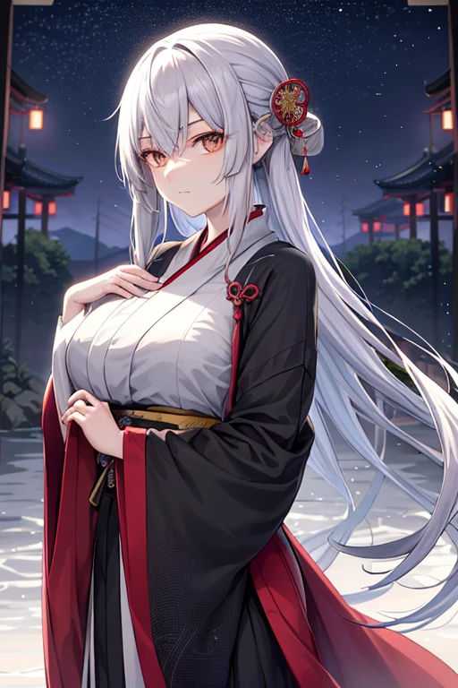 In the dimly lit background, a young Japanese woman named Realista stands with her unfathomable, white eyes fixed on the viewer. Her long, loose, white hair flows gracefully around her, framing her Detailed and stunningly beautiful features.
She wears an authentic, elegant kimono, the fabric flowing like water, revealing her slender, tall frame. The Counterfeit-V3.0 assassin mantains a reserved, inexpressive face, showcasing her Japanese heritage and the harmony of her surroundings.
Nestled within an open forest scene, she poses beside a magnificent Japanese castle, the full moon shining brilliantly overhead, casting a silvery glow on