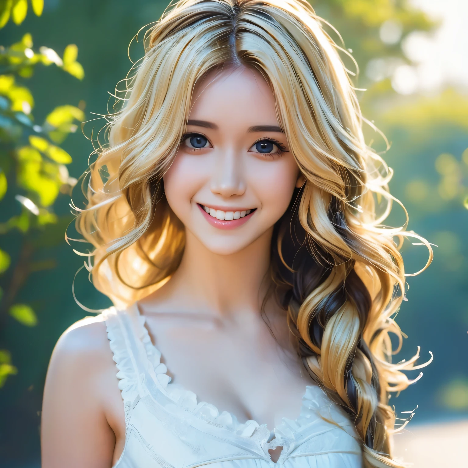 best quality, masterpiece, highres, 1girl, white flared chiffon short dress, smile, closed mouth,lips, blonde long hair, detailed beautiful eyes,detailed eyelash, Beautiful face,upon_body, tyndall effect,photorealistic, rim lighting, two tone lighting,(high detailed skin:1.2), 8k uhd, dslr, soft lighting, high quality, volumetric lighting, candid, Photograph, high resolution, 4k, 8k, Bokeh, in downtown, afternoon