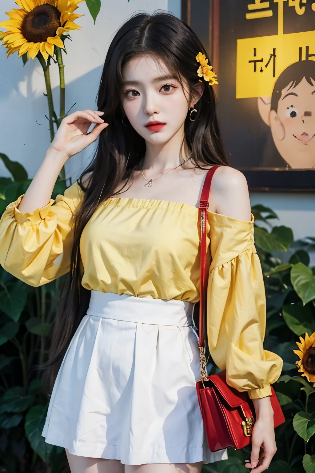 Anime girl wearing trendy Korean fashion and holding a yellow bag, artwork in the style of Guweizu, Guweizu, style art manure, beautiful sunflower anime girl, Art Jereum and A.T. Gailan, Smooth animated CG art, in Art German’s style, High-quality animation artstyle, Art German’s style, goddess of summer