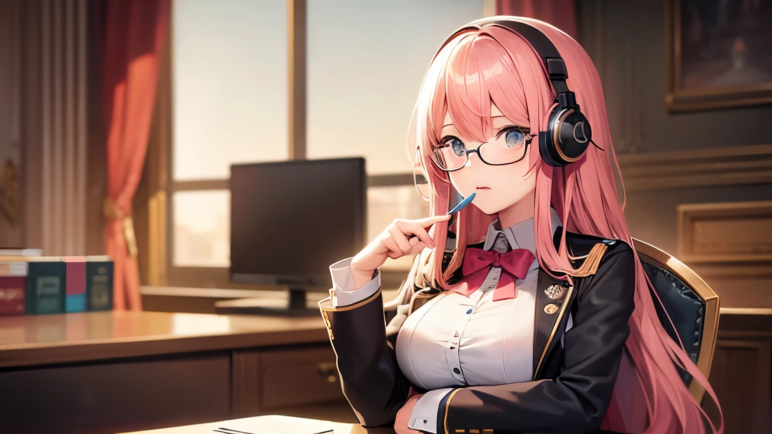((highest quality)),(超A high resolution),(Ultra-detailed),(Detailed depiction),((The best CG)),(A masterpiece),Ultra-detailed art,The art of astonishing depiction, (One woman,Pink long hair),(uniform),Beautiful and well-groomed face,Black glasses,Wearing headphones,Bright atmosphere, evening,cloud,Study while sitting in a chair in a room