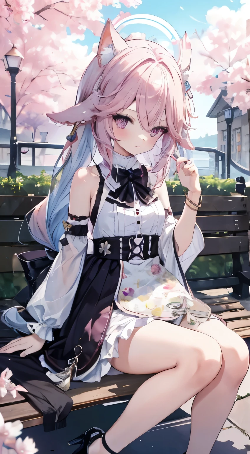 Eye details，Full body image,A girl,Meet,Bare legs，wear high heel shoes，Watercolor style，Cat Style,Public area display,Elongated hair,Pink hair,Light pink hairstyle，Cat ears，Pink Eyes，lolita whore，White half，Pink bow,Open your mouth and smile,Ligature Bracelet,Excellent image quality,best quality