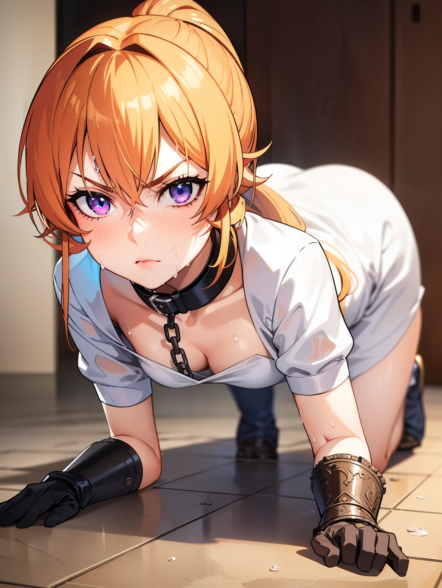 erinanakiri, erina nakiri, long hair, orange hair, (purple eyes:1.1), hair between eyes, frown, angry,
BREAK (white dress, armor, armored dress, chain, collar, dress, faulds, gauntlets, headpiece, metal collar, plackart ,ponytail:1.2),
BREAK cleaning, all fours, (((wet floor))), wooden wall, holding towel, water,
BREAK (masterpiece:1.2), best quality, high resolution, unity 8k wallpaper, (illustration:0.8), (beautiful detailed eyes:1.6), extremely detailed face, perfect lighting, extremely detailed CG, (perfect hands, perfect anatomy),