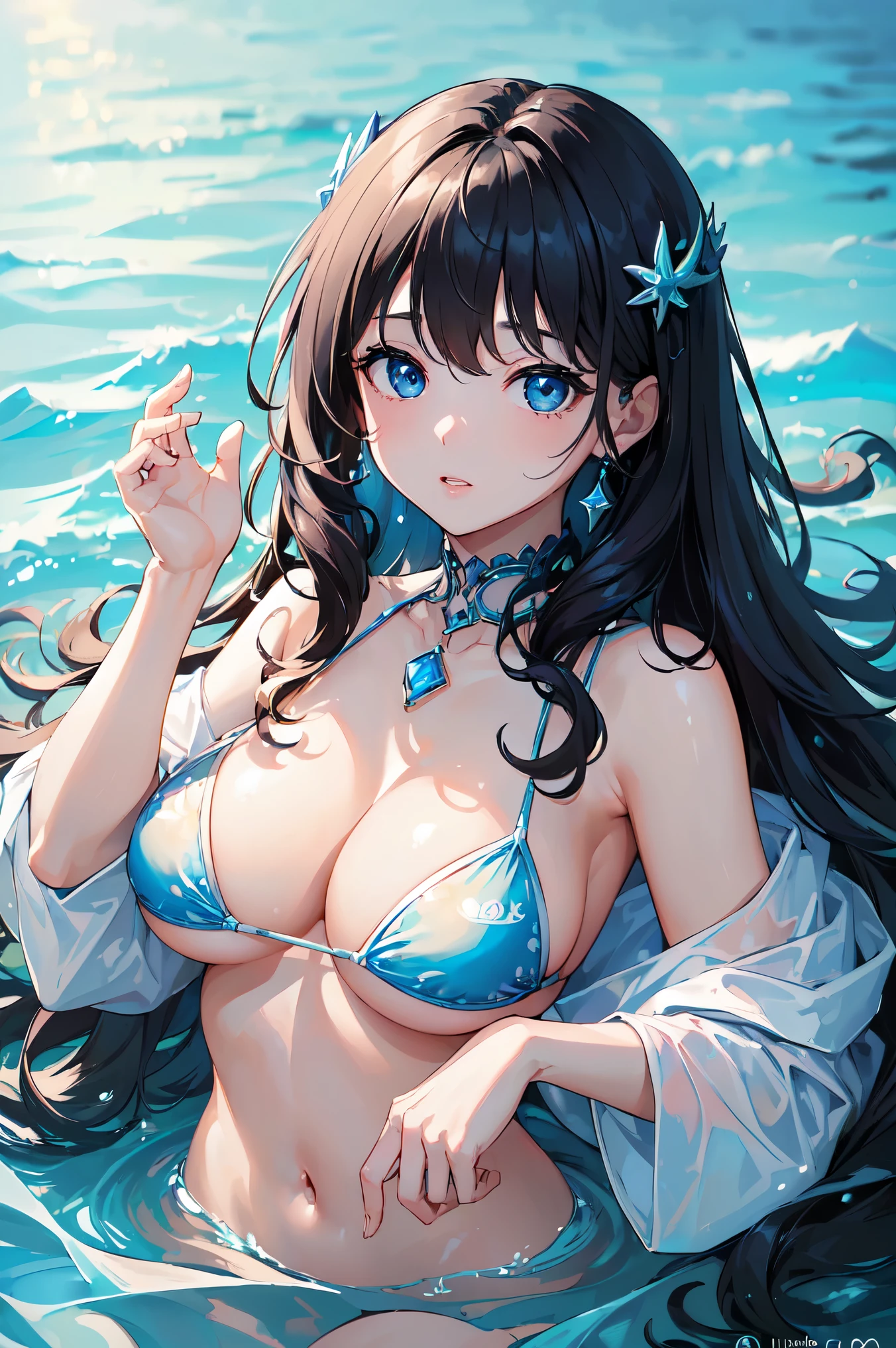 (((masterpiece、high resolution、high quality、Delicate、Ultra-high resolution、8k)))One female、Black Hair、Curly Hair、Blue Eyes、Dense lips、Glowing Skin、Micro Bikini、In the sea、Fish swimming