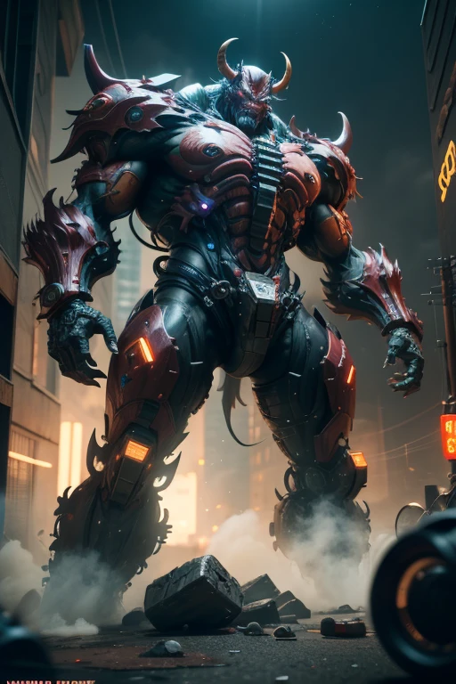 Best quality, 4k,3D, Unreal Engine, Cyberpunk, Oni, Monster, villain, crouch