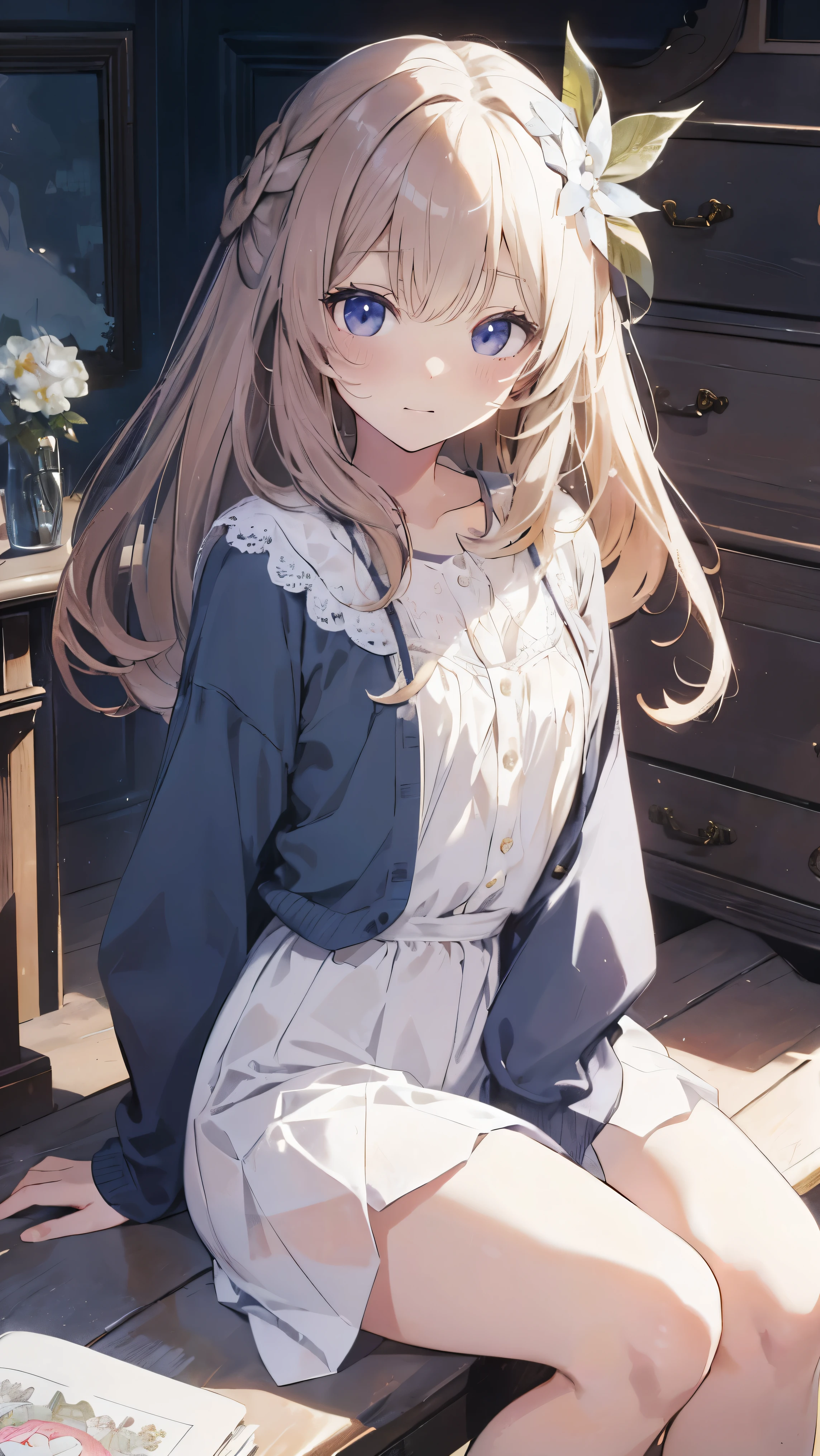 Masterpiece、Highest quality、highest quality、(((Lori)))、 ((((Petite))))、((Embarrassed))、Shiny hair quality、Small face、Sitting、Super detailed, beautiful, wide eyes、Ultra-detailed, clear and beautiful faces、(cute illustration:1.2), High-resolution, ultra-detailed, best quality, embarrassed、Cute white underwear、Thighs