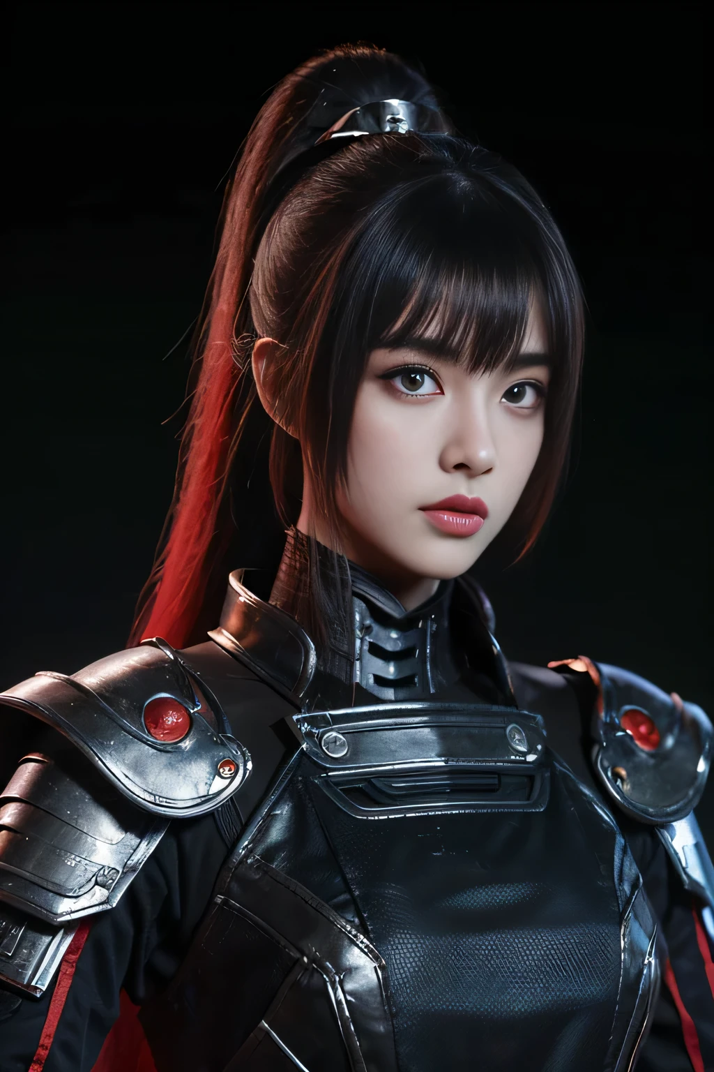 tmasterpiece,Best quality at best,A high resolution,8K,(portrait),(Close up of avatar),(RAW photogr),real photograph,(Costumes that combine fantasy and science fiction styles),digital photography,teens girl,18yo Girl,long ponytail hairstyle,through bangs,Beautiful white and red gradient hair,Red eyes,iintricate,elegant and charming,The content is very detailed,Simple accessories,Metal armor,black sash,Clothing that combines technology and ancient style,Crop topping,Hollow armor design,Combat uniforms,Shoulder pads,cyber punk personage,binh,Photo pose,stately,metalictexture,oc render reflection texture,Gray street background