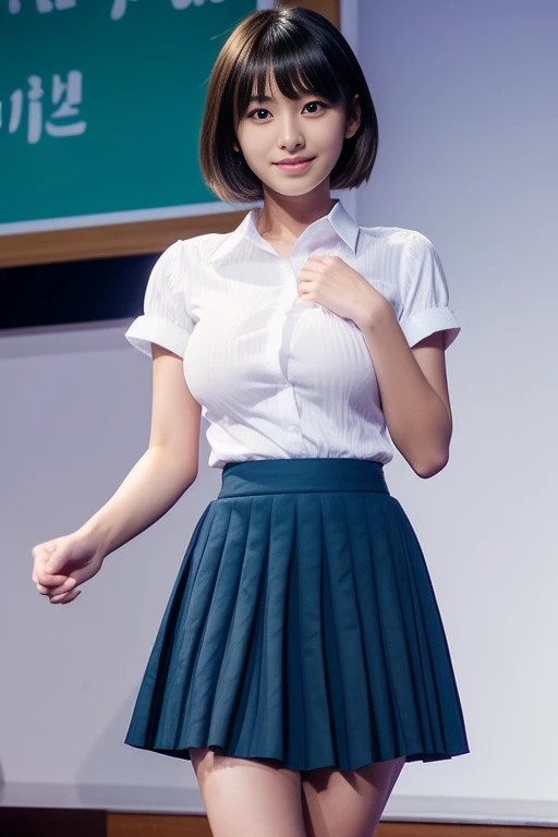 (Narrow eyes:1.1), (black eye), (Japanese women), 1 girl, (Small eyes), Very beautiful 17 year old girl, Beautiful breasts:1.5, short hair, (Highly detailed eyes:1.2), (Beautiful breasts:1.1), bangs, (Thick legs, Big Hips, Thick thighs), Perfect Skin, Fair skin, Tight waist, Looking at the audience, Big Breasts, (White shirt, Dark blue pleated skirt:1.2)
