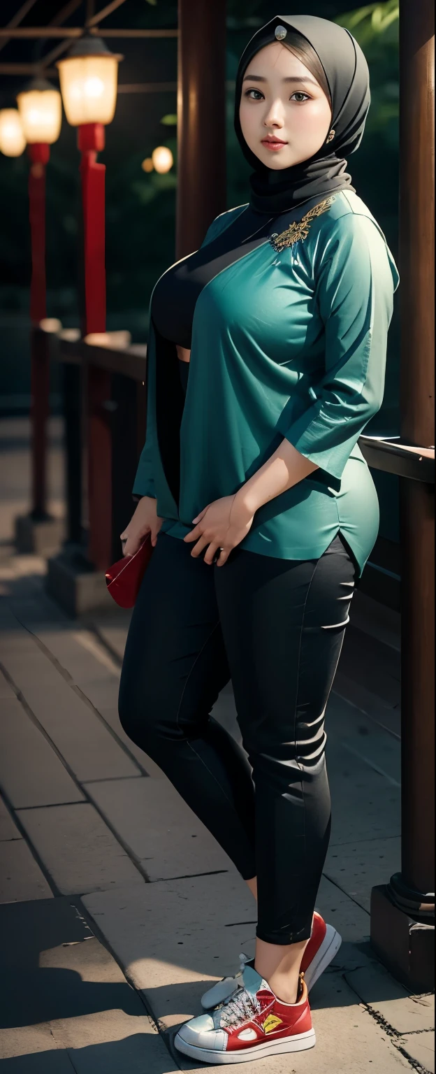 1 chinese-Indonesian girl, modern plain hijab, shy, medium portrait, watery eyes, wearing blue dark green kebaya, ((big breasts)), black bokeh background, well-proportioned body,, chubby massive thighs, full body pose, Hena art on the body, hena art on arms, full body view , wearing red sneakers , fat legs