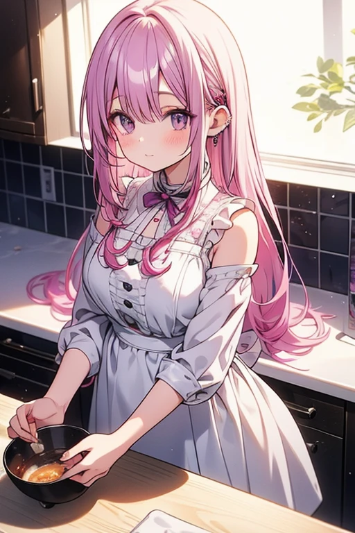 A pink haired woman with violet eyes with an hourglass figure in a cute white summer dress is cooking in the kitchen
Waiting to start 

