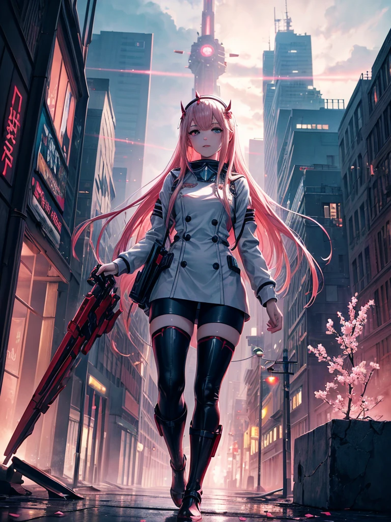 (highres:1.2),Zero Two,anime darling in the franxx,beautiful detailed eyes,beautiful detailed lips,extremely detailed eyes and face,longeyelashes,pale white skin,pink hair,playful smile,radiant beauty,leather pilot outfit,holding a red pistol,standing confidently,mecha pilot,red and black mecha,kaleidoscope sky,post-apocalyptic landscape,dark clouds,ruined cityscape,scattered cherry blossom petals,city in ruins,moonlit backdrop,sci-fi aesthetic,mysterious aura,exquisite artwork,photorealistic rendering,vivid colors,soft pastel palette,romantic lighting,subtle bokeh