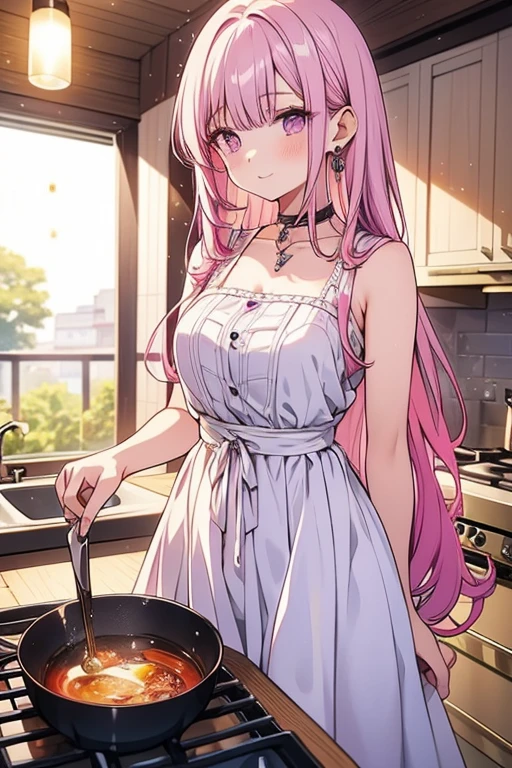 A pink haired woman with violet eyes with an hourglass figure in a cute white summer dress is cooking in the kitchen
Waiting to start