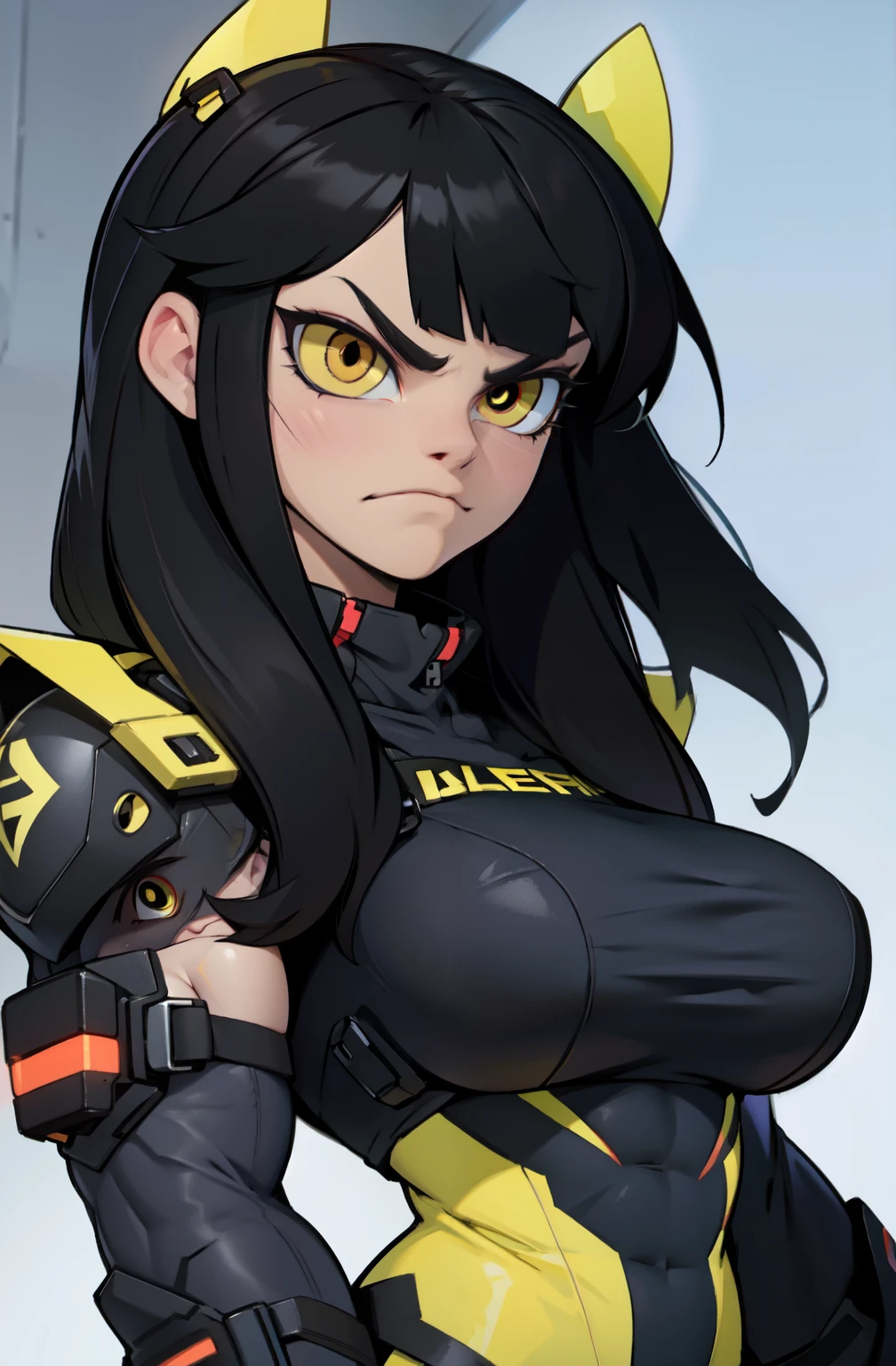 muscular girl huge breasts yellow eyes black hair pale skin frowning