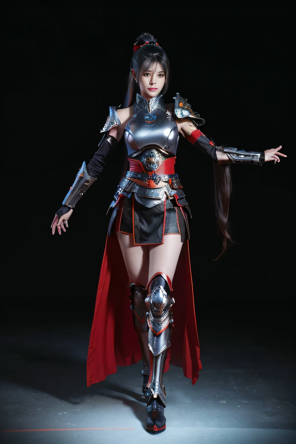 tmasterpiece,Best quality at best,A high resolution,8K,(portrait),(Close up of avatar),(RAW photogr),real photograph,(Costumes that combine fantasy and science fiction styles),digital photography,teens girl,18yo Girl,long ponytail hairstyle,through bangs,Beautiful white and red gradient hair,Red eyes,iintricate,elegant and charming,The content is very detailed,Simple accessories,Metal armor,black sash,Clothing that combines technology and ancient style,Crop topping,Hollow armor design,Combat uniforms,Shoulder pads,cyber punk personage,binh,Photo pose,stately,metalictexture,oc render reflection texture,Gray street background, ((fullbody)),