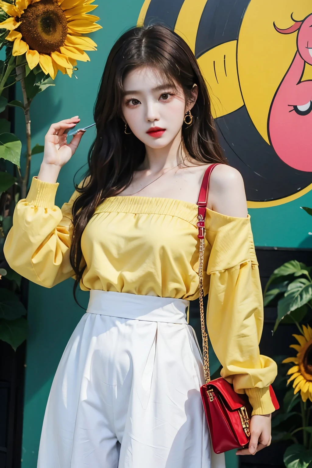 Anime girl wearing trendy Korean fashion and holding a yellow bag, artwork in the style of Guweizu, Guweizu, style art manure, beautiful sunflower anime girl, Art Jereum and A.T. Gailan, Smooth animated CG art, in Art German’s style, High-quality animation artstyle, Art German’s style, goddess of summer