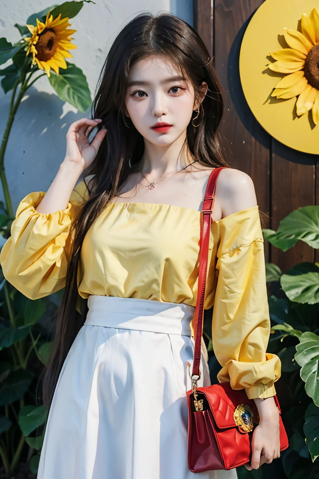 Anime girl wearing trendy Korean fashion and holding a yellow bag, artwork in the style of Guweizu, Guweizu, style art manure, beautiful sunflower anime girl, Art Jereum and A.T. Gailan, Smooth animated CG art, in Art German’s style, High-quality animation artstyle, Art German’s style, goddess of summer