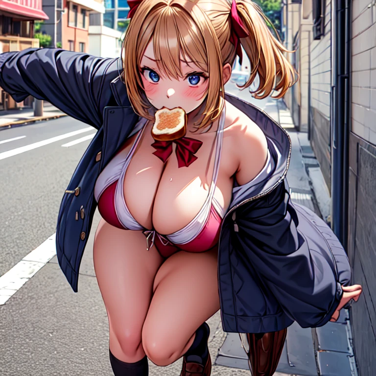 masterpiece, highest quality, girl, serafuku,School zone、 Ribbon on chest, Pleated skirt, White socks, loafers, City Street, running, Toast in the mouth,、Camel Toe、Giant tit、Nipple Puffs、Cleavage、Plump、Super big breasts、Super big butt、Hurry、Skirt flip、Embarrassing、blush、slapstick、be late、Full body photo、Group photo、multiple