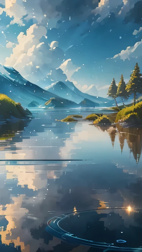 In the heart of a serene water landscape, a splash of liquid emerges, sending ripples across the tranquil surface. The water reflects the gentle sunlight, casting a soothing glow on the surrounding nature environment. Above, the sky is painted in shades of 蓝 (blue), adorned with fluffy clouds that seem to defy gravity. The character's figure is sharp and clear in focus, clad in practical clothing suited for this watery adventure. The detailed textures of the fabric shimmer as they become wet, perfectly rendered in best quality and ultra-detailed resolution.
The scene is bathed in practical lighting, highlighting the intricacies of the droplets and their surrounding