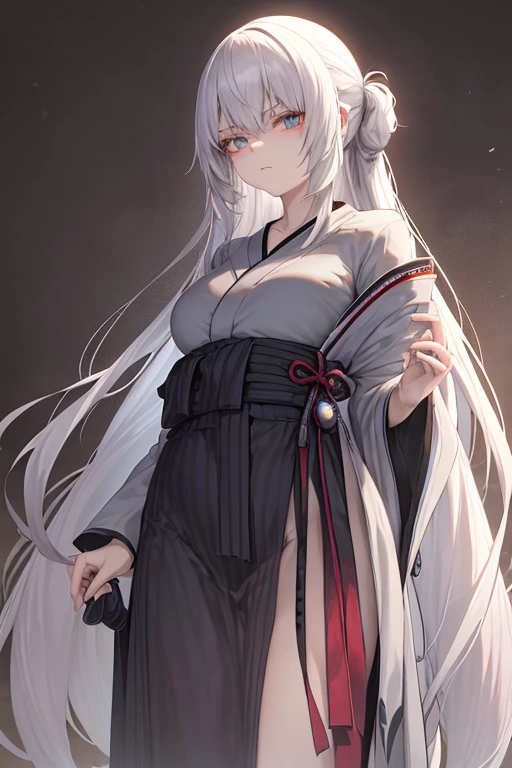 In the dimly lit background, a young Japanese woman named Realista stands tall and poised, her long, white hair cascading down her shoulders in loose waves.Her detailed features are accentuated by her pale, expressionless assassin's face. She wears a beautiful kimono, its vibrant colors contrasting against the somber setting. Her counterfeit V-3.0 appearance adds an air of mystery to her already intriguing persona.
Her large, azure-tinged eyes fixate on the viewer with a piercing gaze, the whites of her olhos brancos revealing their intense focus.Realista's slender, delicate body is accentuated by the kim