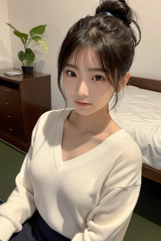 ベットに座るJapanese Girls中学生,,Japanese Girls,Wearing a white V-neck tight knit,Big breasts:1.5,ponytail 黒髪,ponytail,Soft lips,Fine skin,(Glowing Skin),(masterpiece:1.4),(highest quality:1.4),Bedroom,Looking at the camera,Close-up,sakimichan,Yoshitomo Nara,Shot from above,Bird's Eye View,