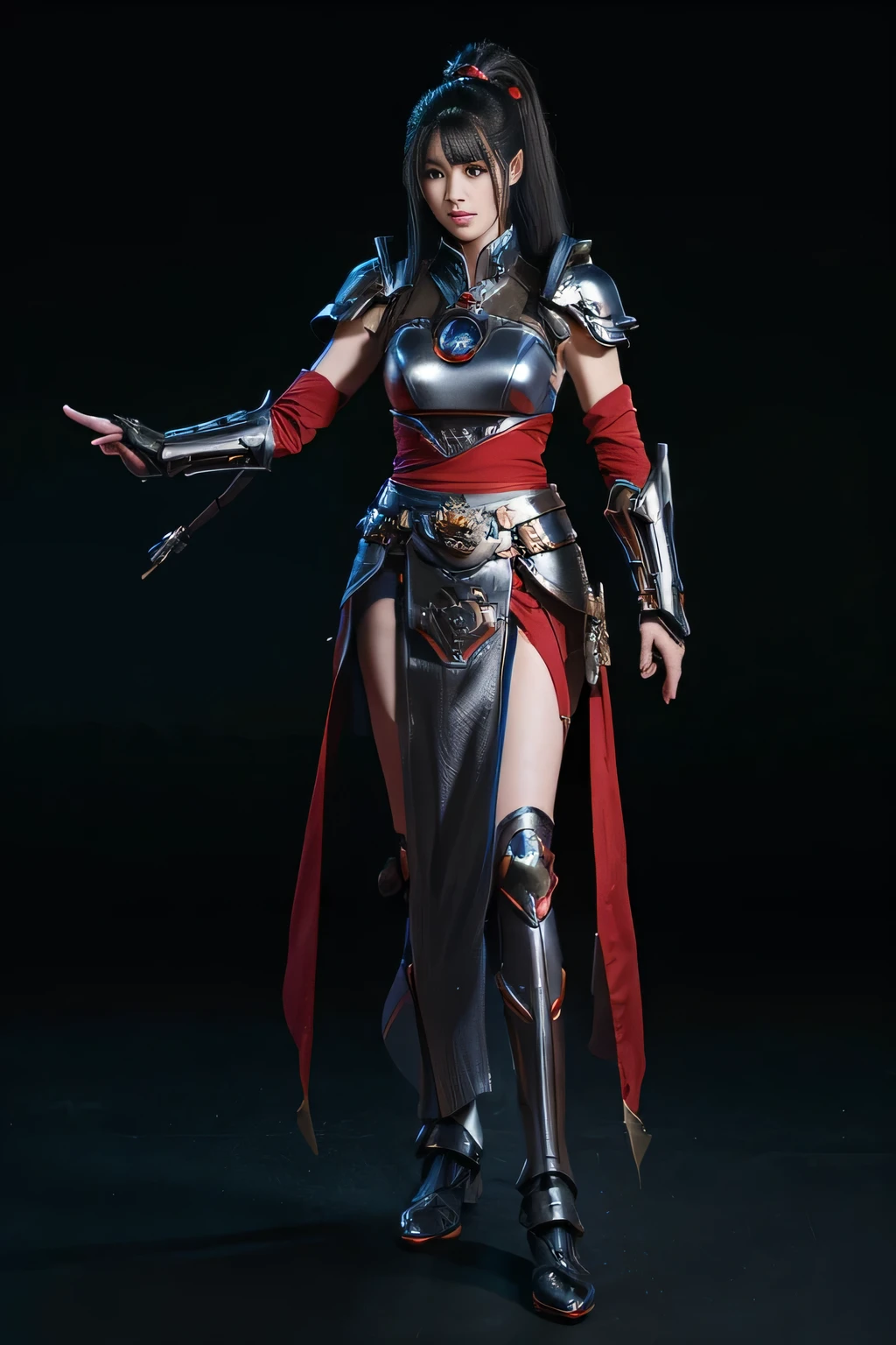 tmasterpiece,Best quality at best,A high resolution,8K,(portrait),(Close up of avatar),(RAW photogr),real photograph,(Costumes that combine fantasy and science fiction styles),digital photography,teens girl,18yo Girl,long ponytail hairstyle,through bangs,Beautiful white and red gradient hair,Red eyes,iintricate,elegant and charming,The content is very detailed,Simple accessories,Metal armor,black sash,Clothing that combines technology and ancient style,Crop topping,Hollow armor design,Combat uniforms,Shoulder pads,cyber punk personage,binh,Photo pose,stately,metalictexture,oc render reflection texture,Gray street background, ((fullbody)),