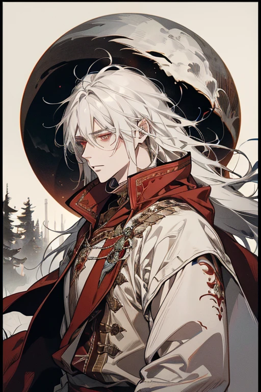 1male, calm, age 35 face, long messy hair with bangs, white hair, red colored eyes, (druid, forest, howl), druid armour