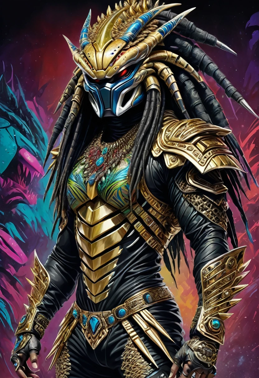 create a picture of Preddy the Earth Loving Yautja Predator Warrior donning the 80's Hip Hop Costume with Adidas Sports Jacket, Adidas Sports Trousers, adidas Sneakers and insanely detailed, intricate ornate bling-bling made of alien metal alloy, ultra sharp and crisp oil on canvas painting, realistic style, heavily influenced by Don Lawrence art style