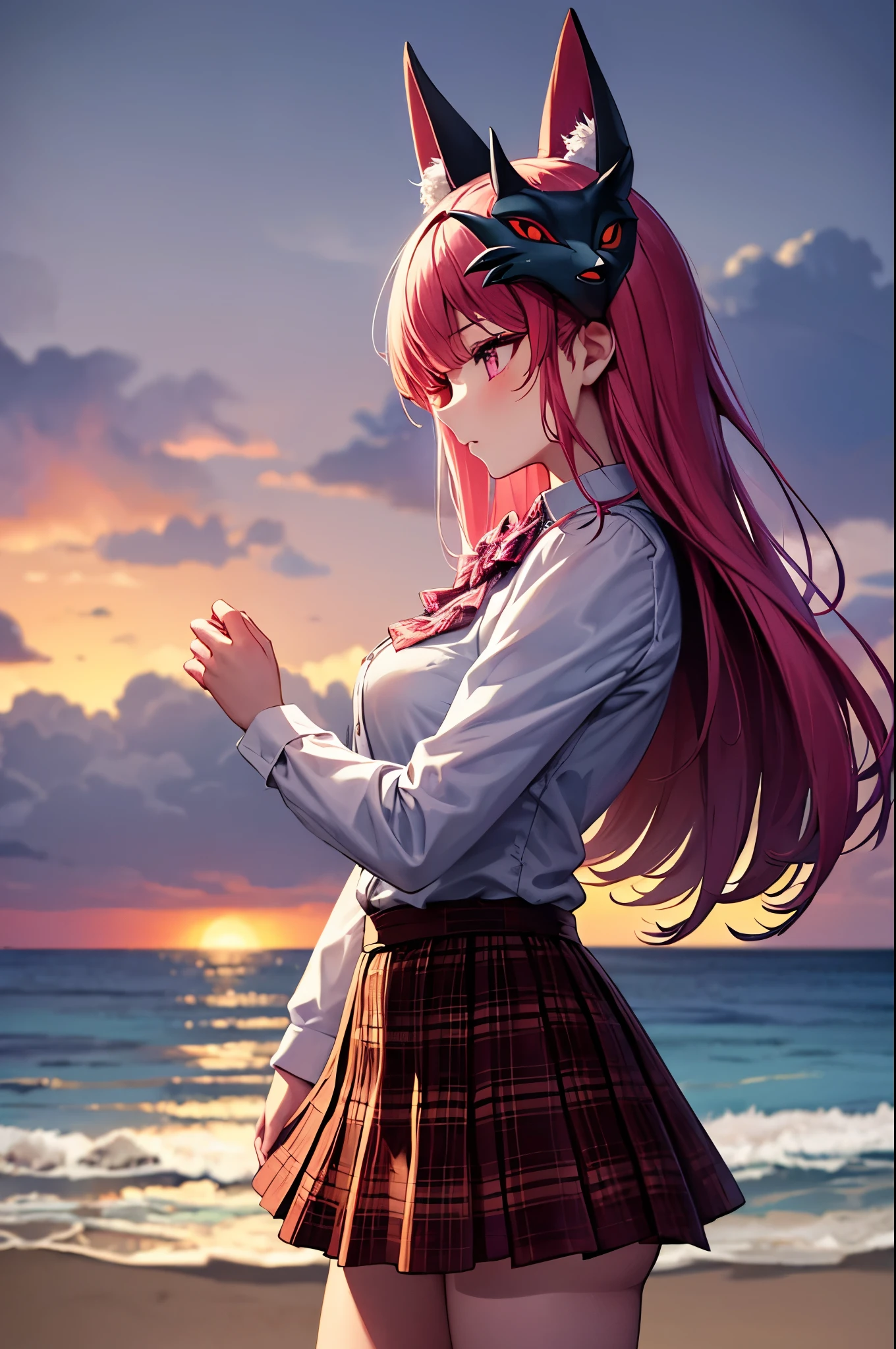(One girl, size), (guitar alone), bubble skirt, aqua shirt, bow, bowtie, button, collared shirt, Expressionless, Eyebrows hidden by hair, fox mask, Cowboy Shot, Long Hair, Long sleeve, mask, multicolored button, Pink Eyes, Pink Hair, orange skirt, Plaid, Plaid shirt, purple bow, purple bowtie, shirt, skirt, alone, very Long Hair, Ocean, Ocean, Beach, cloudy, sunlight, evening, moon, cloud, null, Outdoor, cloudy null, leaf, Remains, Sunbeam, Post-apocalyptic, Side view