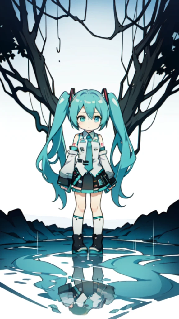best quality, chibi, 1 girl, miku, Hatsune Miku, (full body), Pure white background,Vivid,clearly,sad face,rain