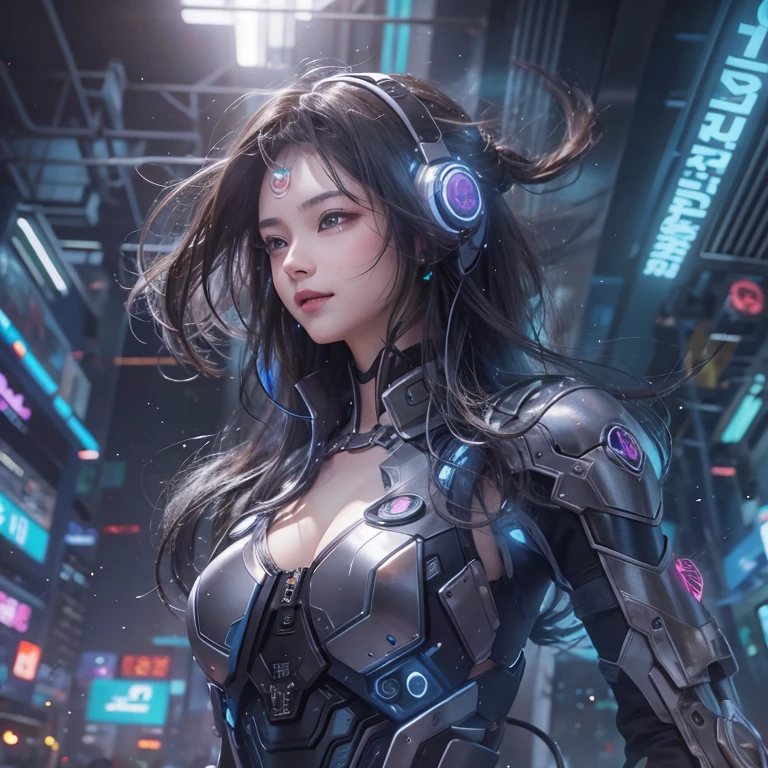 futuristic space、Hair flows、 ((highest quality、masterpiece、8k、best image quality、ultra high resolution、Award-winning work)、(accurate anatomy:1.1)、(look at me and smile:1.1)、Shining fair skin with ultra high resolution、most detailed face、ultra high resolution detailed face、ultra high resolutionの髪の毛、(ultra high resolutionの煌めく瞳:1.1)、Beautiful face drawn in every detail、(blurred background:1.1)、cyberpunk costume :1.3, chest together, diva singing microphone、