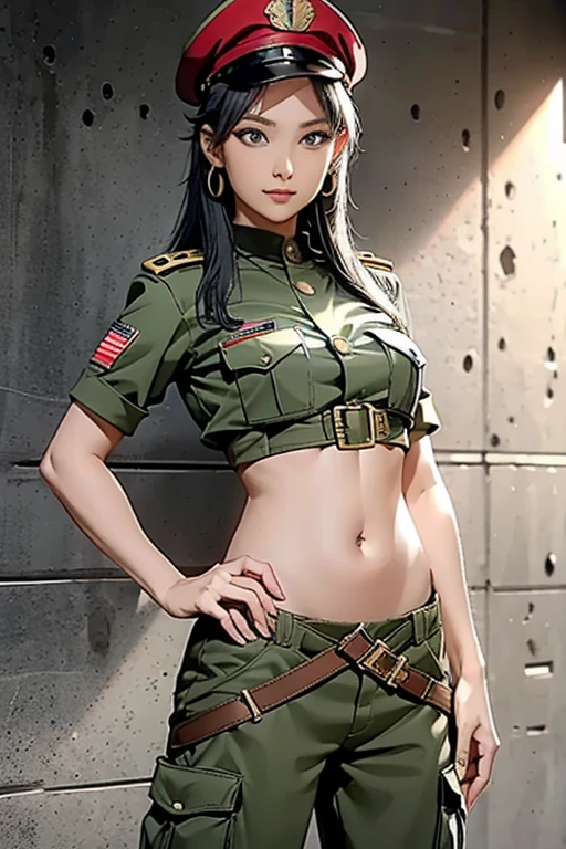 Women in crop top soldier uniform, soldier hat, medal on the chest, exposed abdomen area, very low waist cargo pants, navel piercing , 45 years-old, high ranking , standing,
