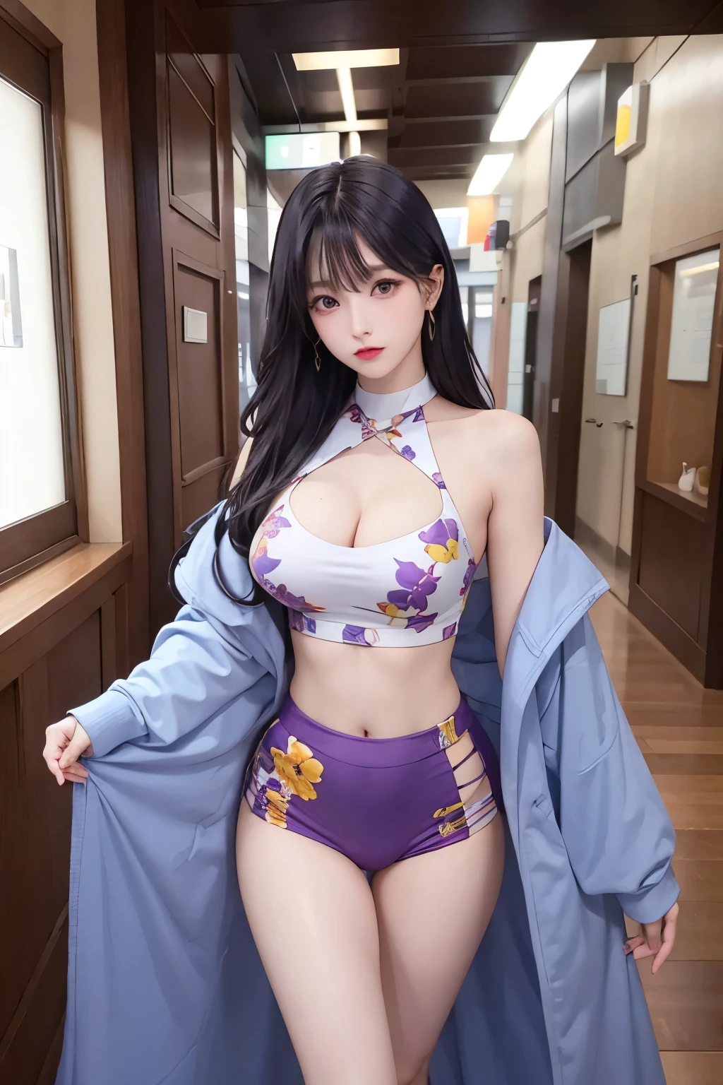 Top image quality、Raw photography、A high resolution、20-year-old cool Korean、big round chest、Beautiful Eyes of Details、very elongated eyes、Beautiful eyelashes、Beautiful double eyelids、eyeshadows、Nipple Ring, wearing super tight boxers, sexy print crop top, yellow, red, blue, pink, purple, violet, big breasts, long legs, medium thighs, see-though thin silk coat