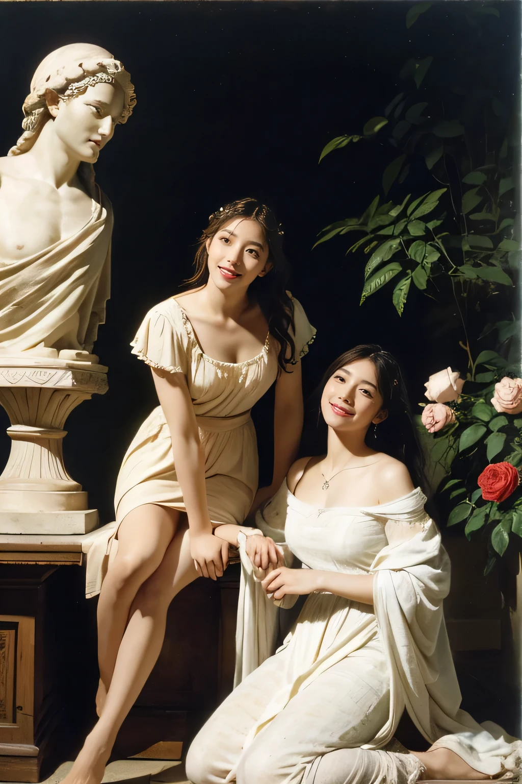 full body portrait or statue、Giorgione painting style,Arguments of two female Philosophe,math、astronomical machine、astronaut、roses in vase、fruits、Cute trinkets、smile、ancient greek costume、Ancient Roman landscape in the style of Nicolas Poussin,laughter,,Sweet and seductive appearance.、Caravaggio's paintings、Chiaroscuro of Caravaggio、hair tousled by the wind,Two women frolicking,cute smile, expression of ecstasy,Sexy,