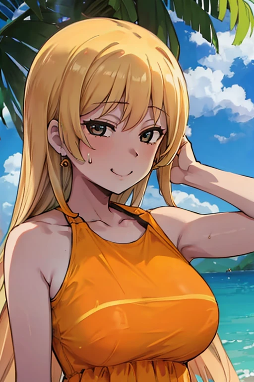woman, at the park, sunny day, Orange sundress, born, Ultra-high resolution, 8k, (close:1.1), head, Highly detailed face, Amazing eyes
