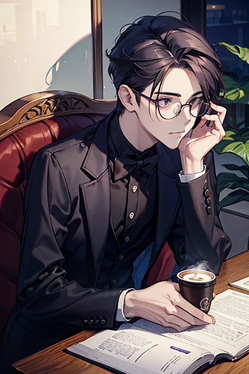 wearing glasses, cabelo emaranhado,rapaz giro, vestindo uma camisa branca, desk, there is coffee on the table,cara de sono, homem olhando para frente,There's a pile of papers on the table,cabelo preto, rosto triste