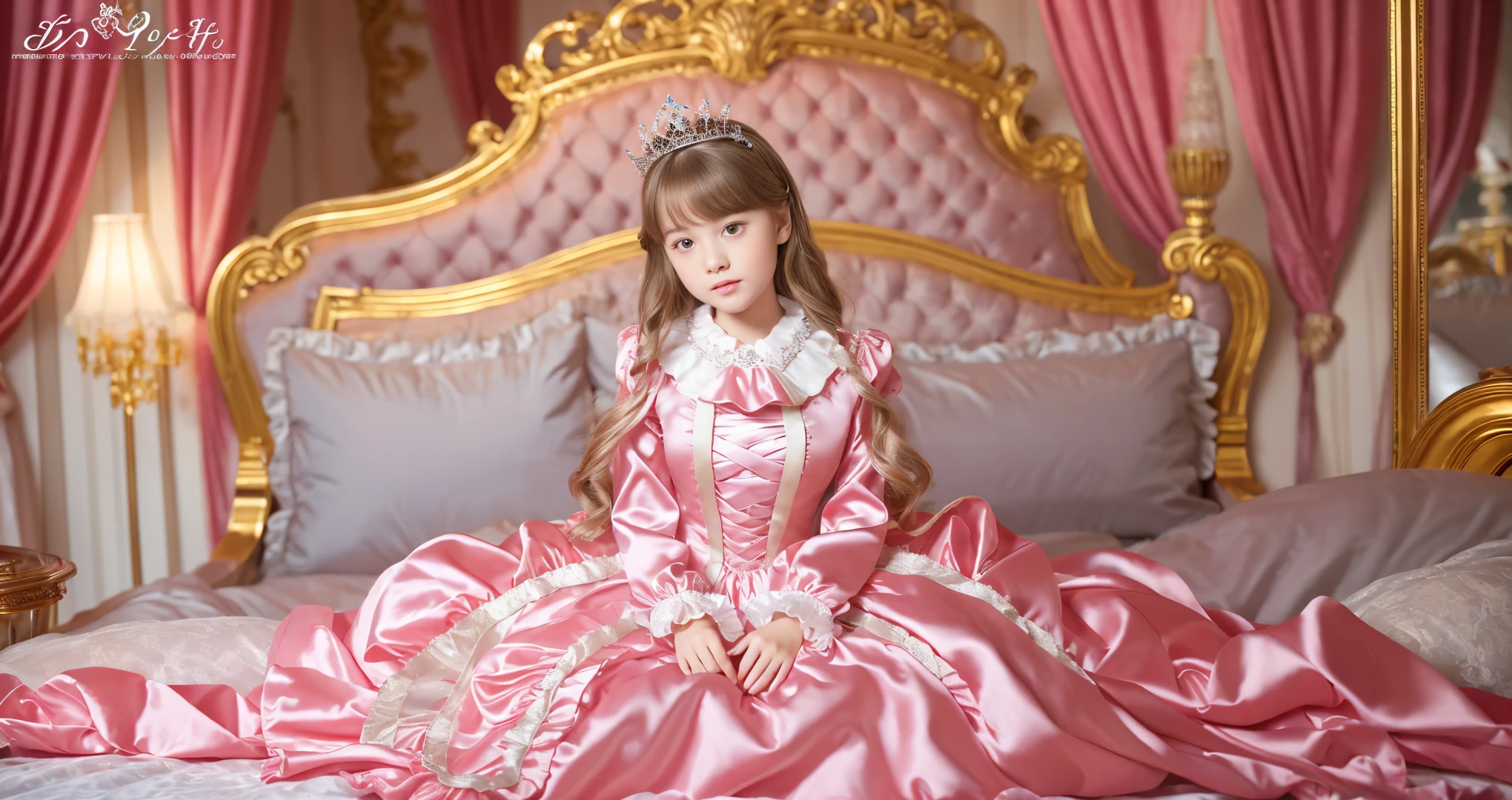 ,highest quality, masterpiece, Highest Resolution, artwork, super それにGet used to it, many Get used to it, Get used to it, それにGet used to it, 3K ultra-high resolution realistic photos,,(( When I )),Super detailed baby face,She isss,Full-length ball gown dress with hoop skirt,Frilled yoke collar,Puff sleeves,Long sleeve,((Lolita style hot pink princess satin dress、Lots of frills and ribbons。)),colorful rococo fashion,shiny satin dress,Soft and smooth fabric,luxury,Long blonde hair,blue eyes,White skin European,pajamas,((Inside the palace)),,,(( When I was 10 years old)),Super ce,Full-length ball gown dress witirt,Long skirt,Frilled yoke collar,Puff sleeves,腰まで伸びるLong blonde hair,blue eyes,White skin European,pajamas,((Inside the castle bedroom)),ピンクのシルクサテンのluxuryなCanopy bedの上,Canopy bed,Luxurious curtains under a canopy,There were a lot of frilly pillows on the bed.,Highly detailed background,Detailed bed,Silk satin bed sheets,Soft silk satin quilt,Soft silk satin ruffle pillow in pastel colors,The little princess is sitting on the bed,((((A large own dress that completely covers the legs)))),((((Her legs are hidden by the dress,Don'Don'put your legs out to the side)))),Beautiful girl illustration,Beautiful detailed face Detailed hair,Detailed human eye ,Mouth details, Arm details,Beautiful Hands,Detailed pillow,Behind the girl were piles of frilly pillows.,