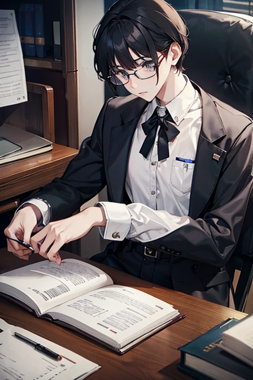 wearing glasses, matted hair,cute guy, wearing a white shirt, office, there is coffee on the desk,sleepy face, man looking straight ahead,There is a pile of papers on the desk,black hair, Sad face