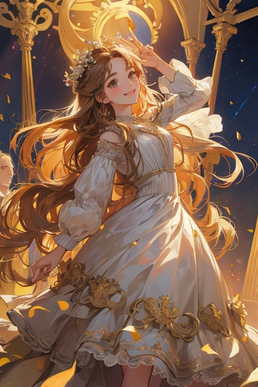 Masterpiece, Top Quality, High Quality,20 year old girl, Night Scene, ((Stage Costumes,:1. 3))Stage, Bronze hair, long hair in loose waves, fair skin, ((Noble Dress,:1,5))Flower Crown, Handmaiden, Brown eyes, Beautiful eyes, Healing kind face, Smiling smilingly ,innocent smile, dancing , royal, <la:hairdetailer:0.4