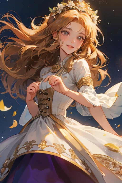Masterpiece, Top Quality, High Quality,20 year old girl, Night Scene, ((Stage Costumes,:1. 3))Stage, Bronze hair, long hair in loose waves, fair skin, ((Noble Dress,:1,5))Flower Crown, Handmaiden, Brown eyes, Beautiful eyes, Healing kind face, Smiling smilingly ,innocent smile, dancing , royal, <la:hairdetailer:0.4