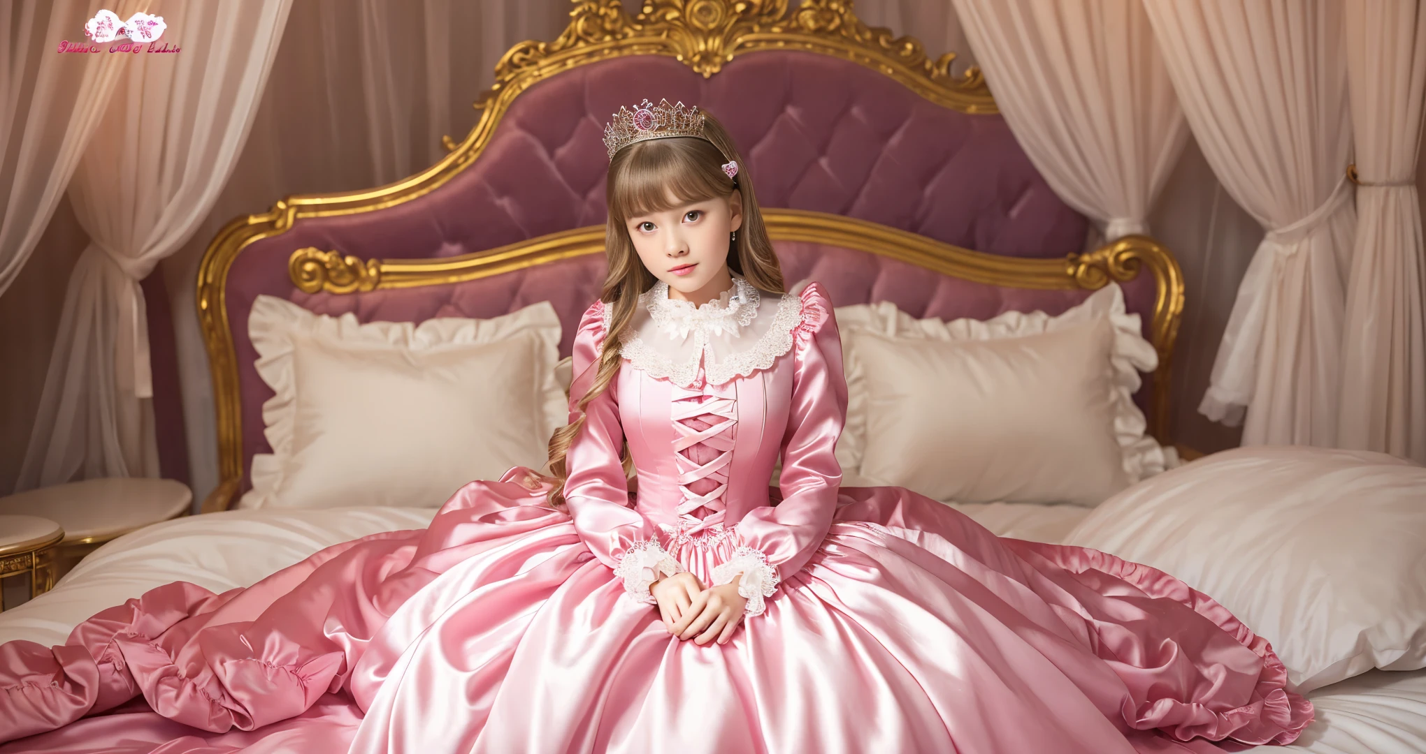 ,highest quality, masterpiece, Highest Resolution, artwork, super それにGet used to it, many Get used to it, Get used to it, それにGet used to it, 3K ultra-high resolution realistic photos,,(( When I was )),Super detailed baby face,She is a princess,Full-length ball gown dress with hoop skirt,Frilled yoke collar,Puff sleeves,Long sleeve,((Lolita style pink princess satin dress、Lots of frills and ribbons。)),colorful rococo fashion,shiny satin dress,Soft and smooth fabric,luxury,Long blonde hair,blue eyes,White skin European,pajamas,((Inside the palace)),,,(( When I was 10 years old)),Sd baby face,Full-length ball gown dress with hoop skirt,Long skirt,Frilled yoke collar,Puff sleeves,腰まで伸びるLong blonde hair,blue eyes,White skin European,pajamas,((Inside the castle bedroom)),ピンクのシルクサテンのluxuryなCanopy bedの上,Canopy bed,Luxurious curtains under a canopy,There were a lot of frilly pillows on the bed.,Highly detailed background,Detailed bed,Silk satin bed sheets,Soft silk satin quilt,Soft silk satin ruffle pillow in pastel colors,The little princess is sitting on the bed,((((A large ball gown dress that completely covers the legs)))),((((Her legs are hidden by the dress,Don'Don'put your legs out to the side)))),Beautiful girl illustration,Beautiful detailed face Detailed hair,Detailed human eye ,Mouth details, Arm details,Beautiful Hands,Detailed pillow,Behind the girl are a pile of frilly pillows,